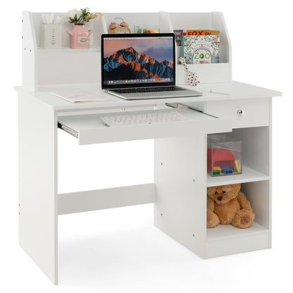 Kids Study Desk with Storage Shelves and Keyboard Tray-White
