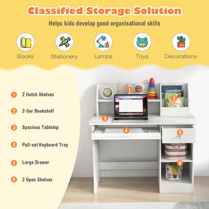 Kids Study Desk with Storage Shelves and Keyboard Tray-White