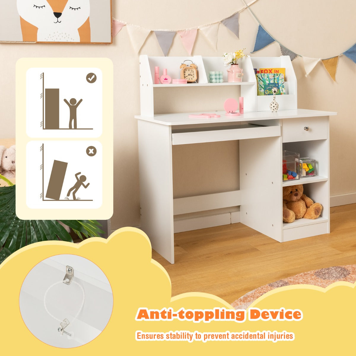 Kids Study Desk with Storage Shelves and Keyboard Tray-White