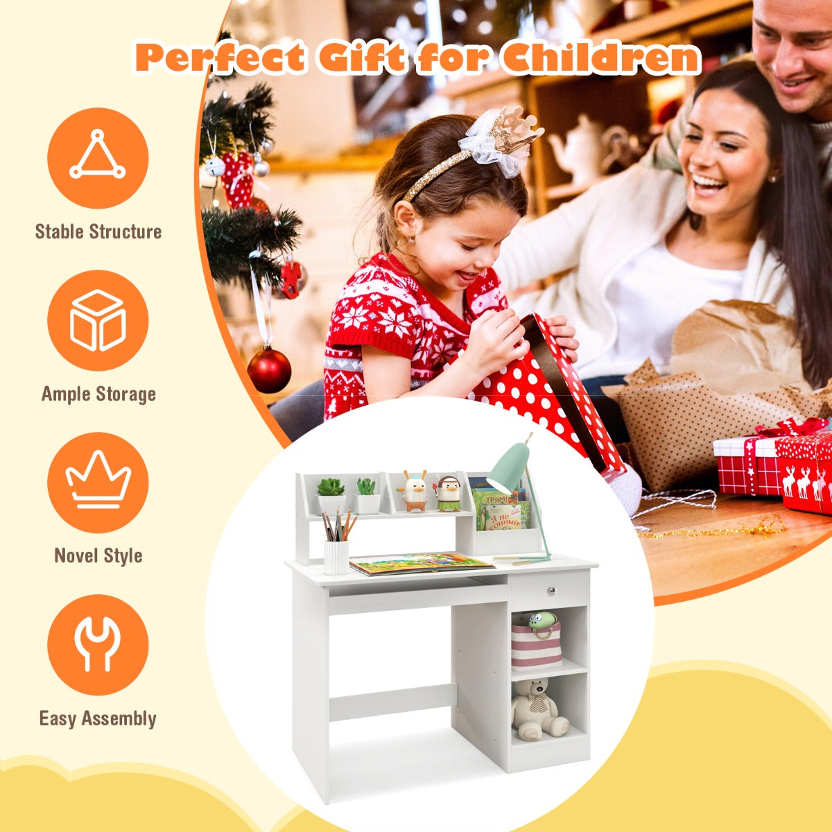 Kids Study Desk with Storage Shelves and Keyboard Tray-White