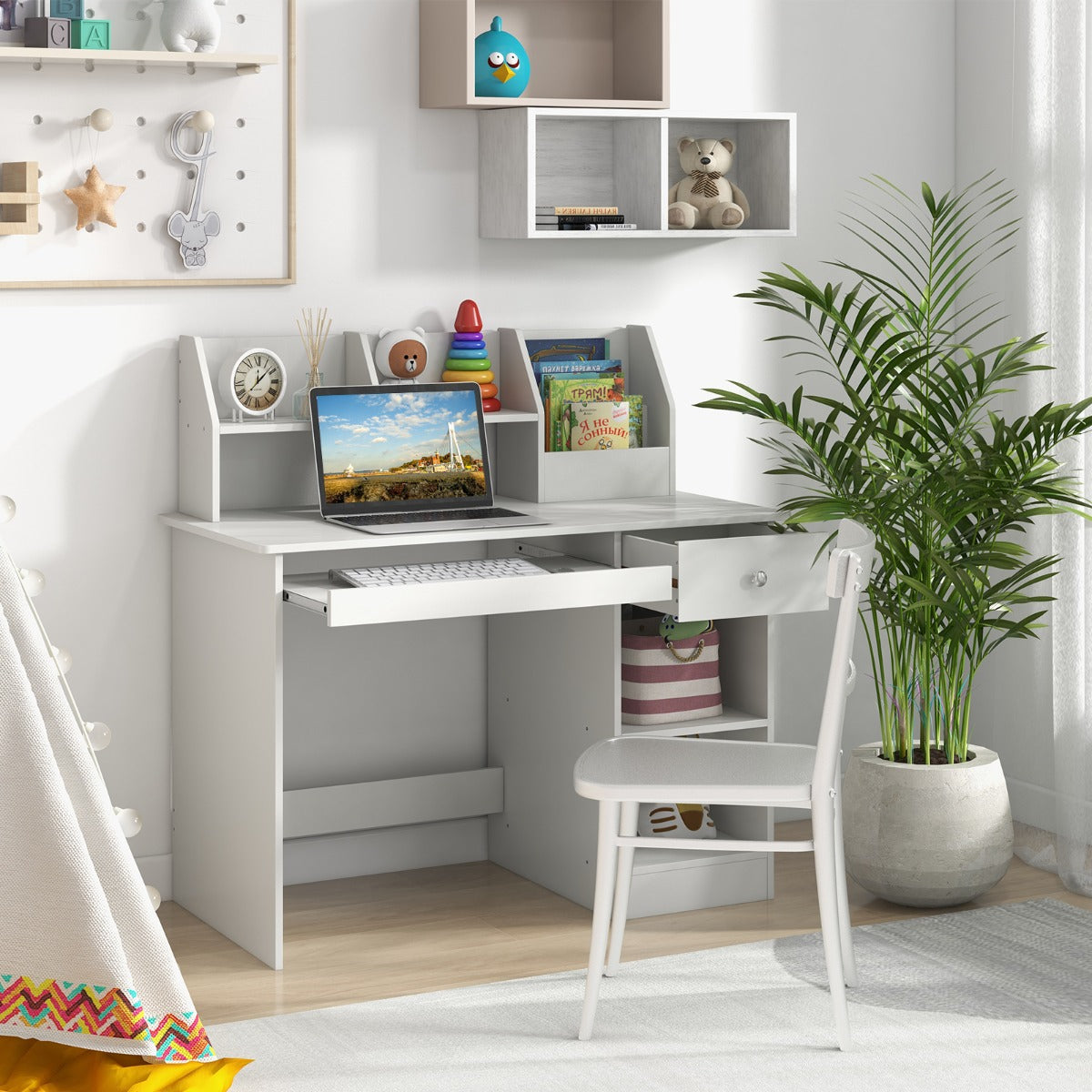 Kids Study Desk with Storage Shelves and Keyboard Tray-White