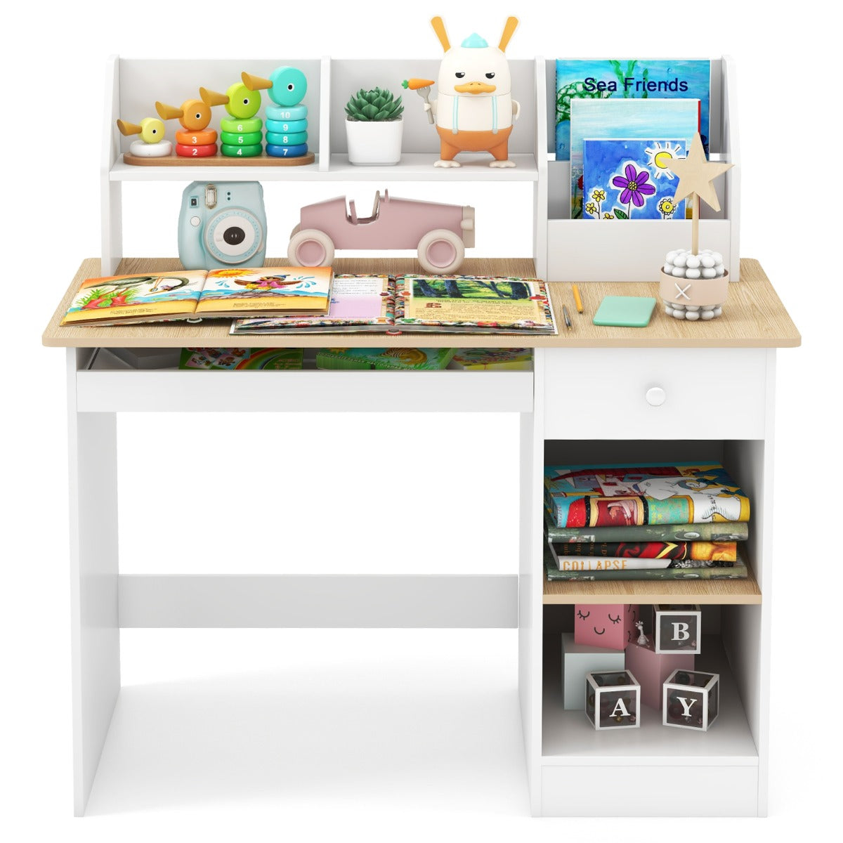 Kids Study Desk with Storage Shelves and Keyboard Tray-Natural