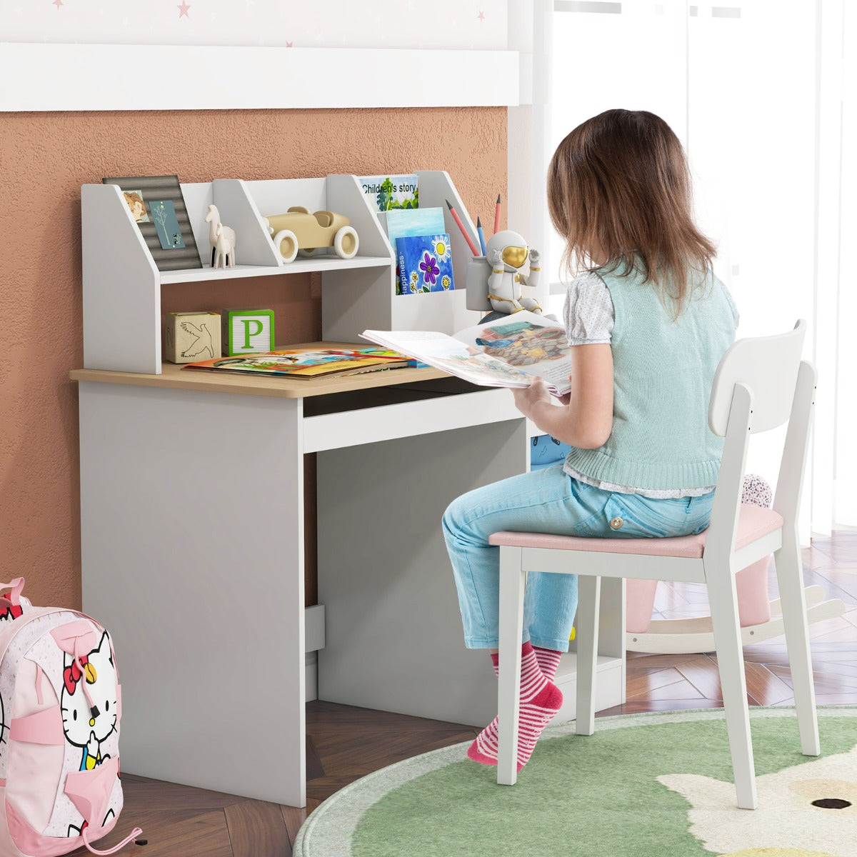 Kids Study Desk with Storage Shelves and Keyboard Tray-Natural