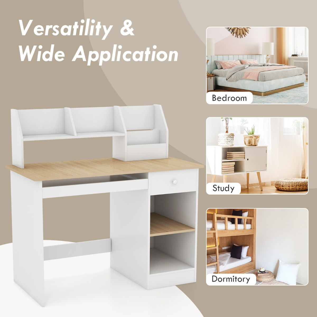 Kids Study Desk with Storage Shelves and Keyboard Tray-Natural