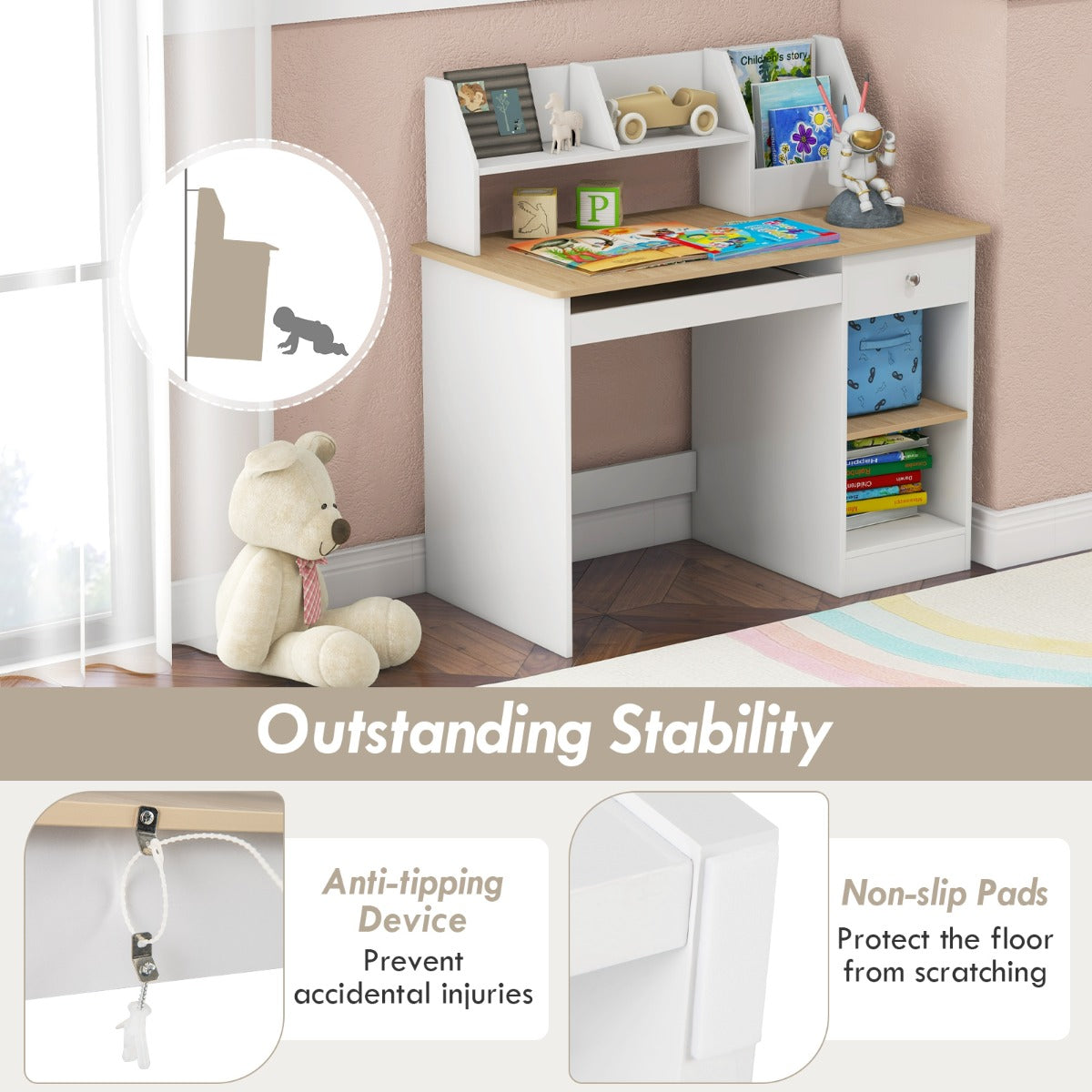 Kids Study Desk with Storage Shelves and Keyboard Tray-Natural