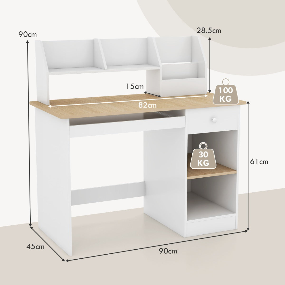 Kids Study Desk with Storage Shelves and Keyboard Tray-Natural