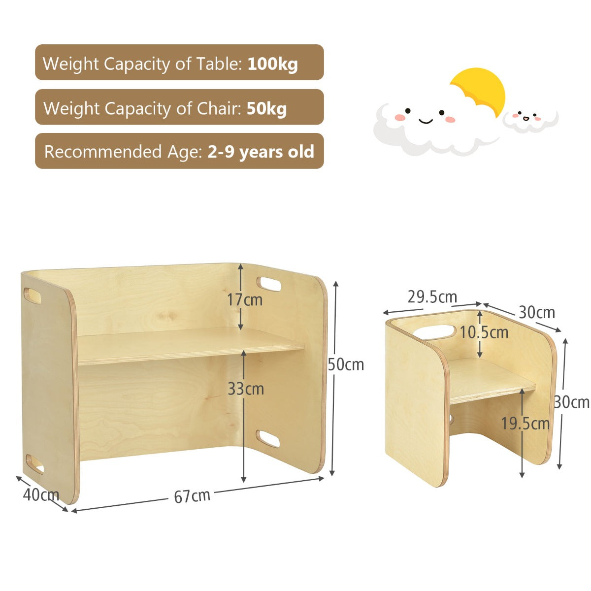 Kids Table and Chair Set with Storage Shelves-Natural