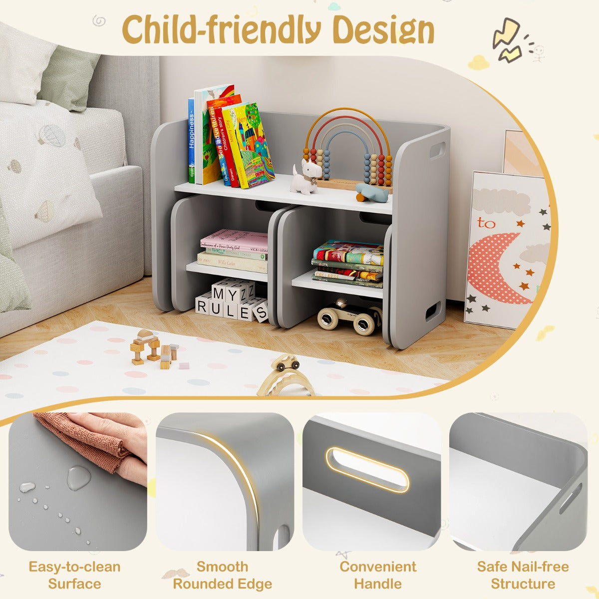 Space-saving kids table lets chairs slide underneath and includes storage areas for toys and books
