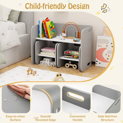Space-saving kids table lets chairs slide underneath and includes storage areas for toys and books
