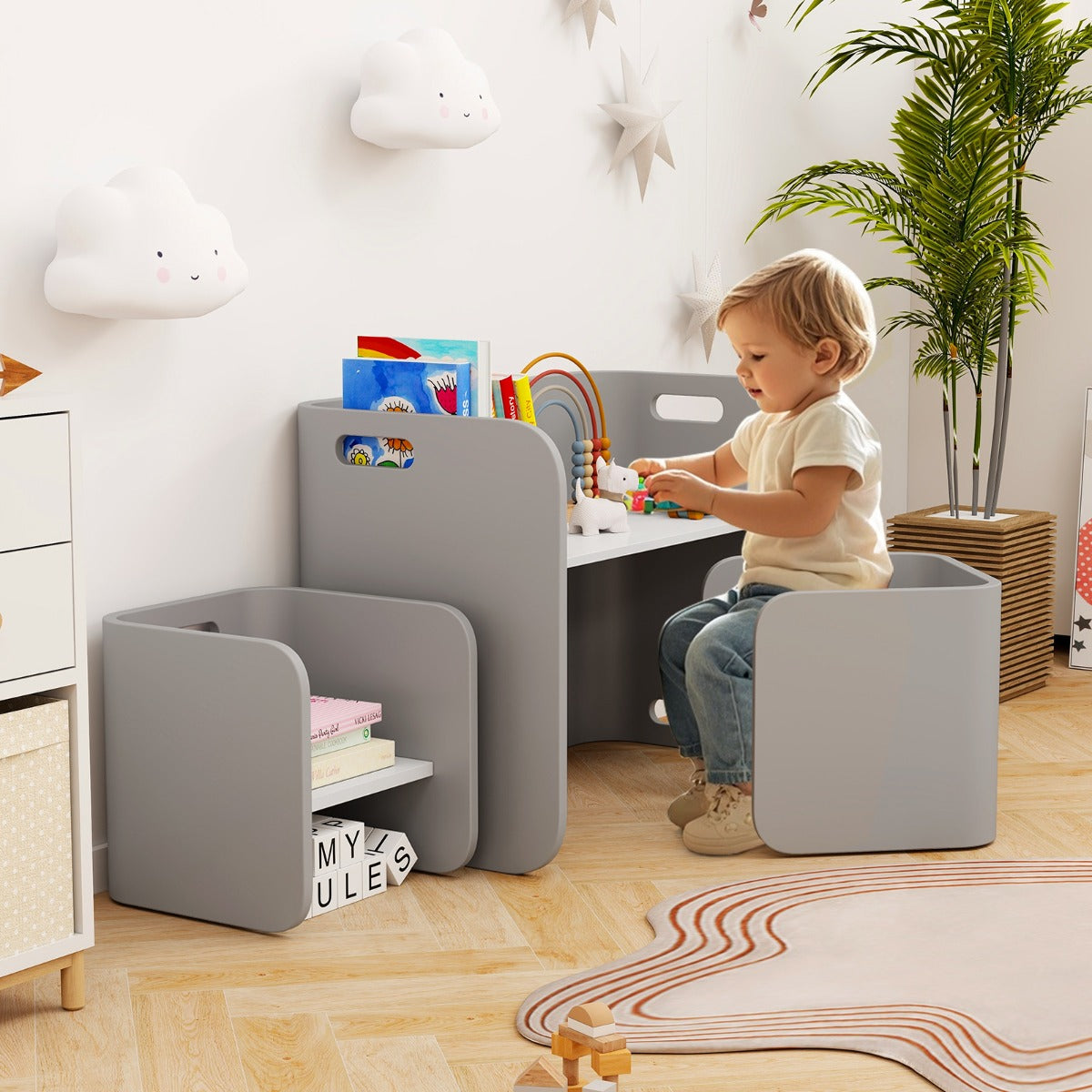 Comfortable handles allow children to move the lightweight table and chairs independently around the room