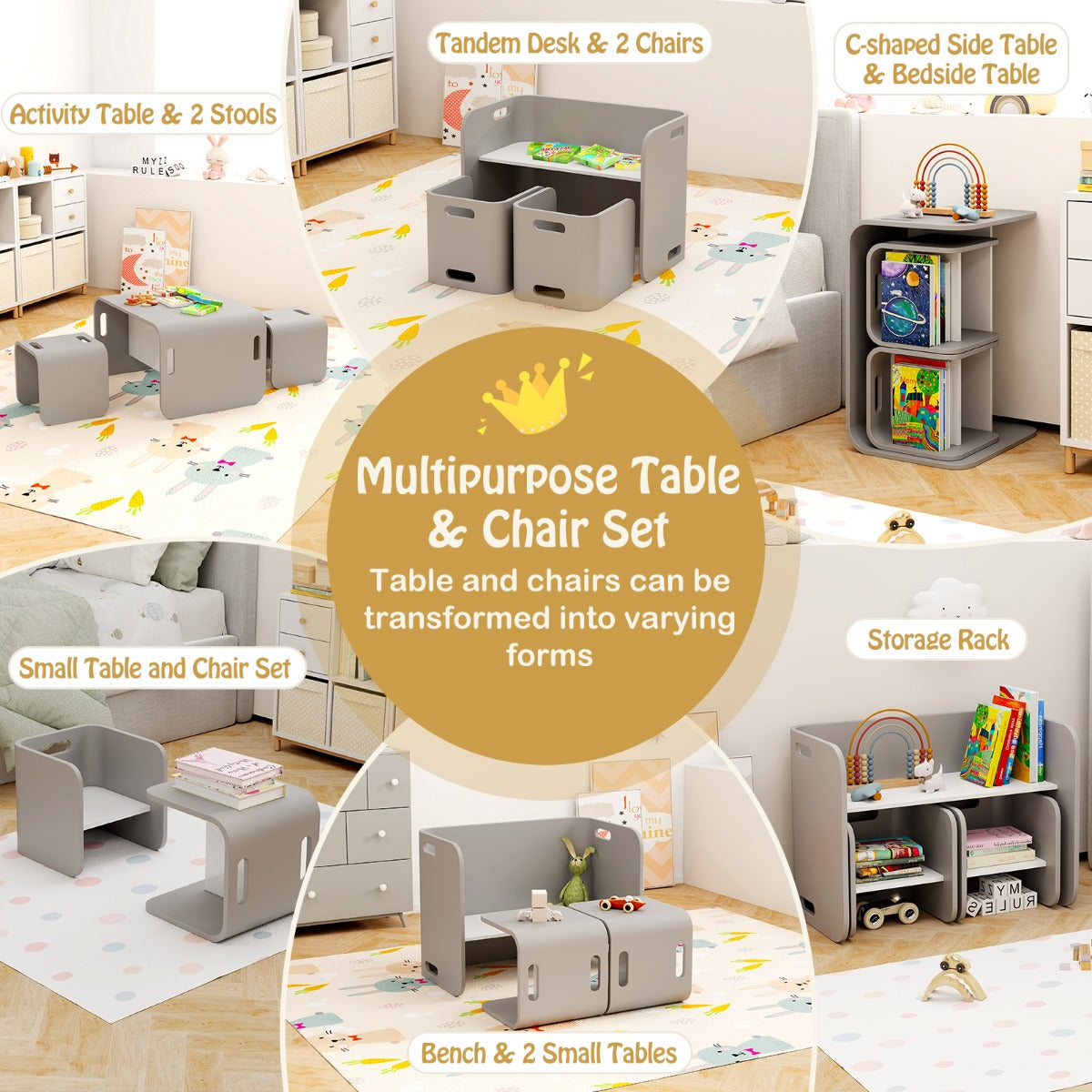 Two chairs and a versatile table provide practical seating and activity space for children ages two to nine