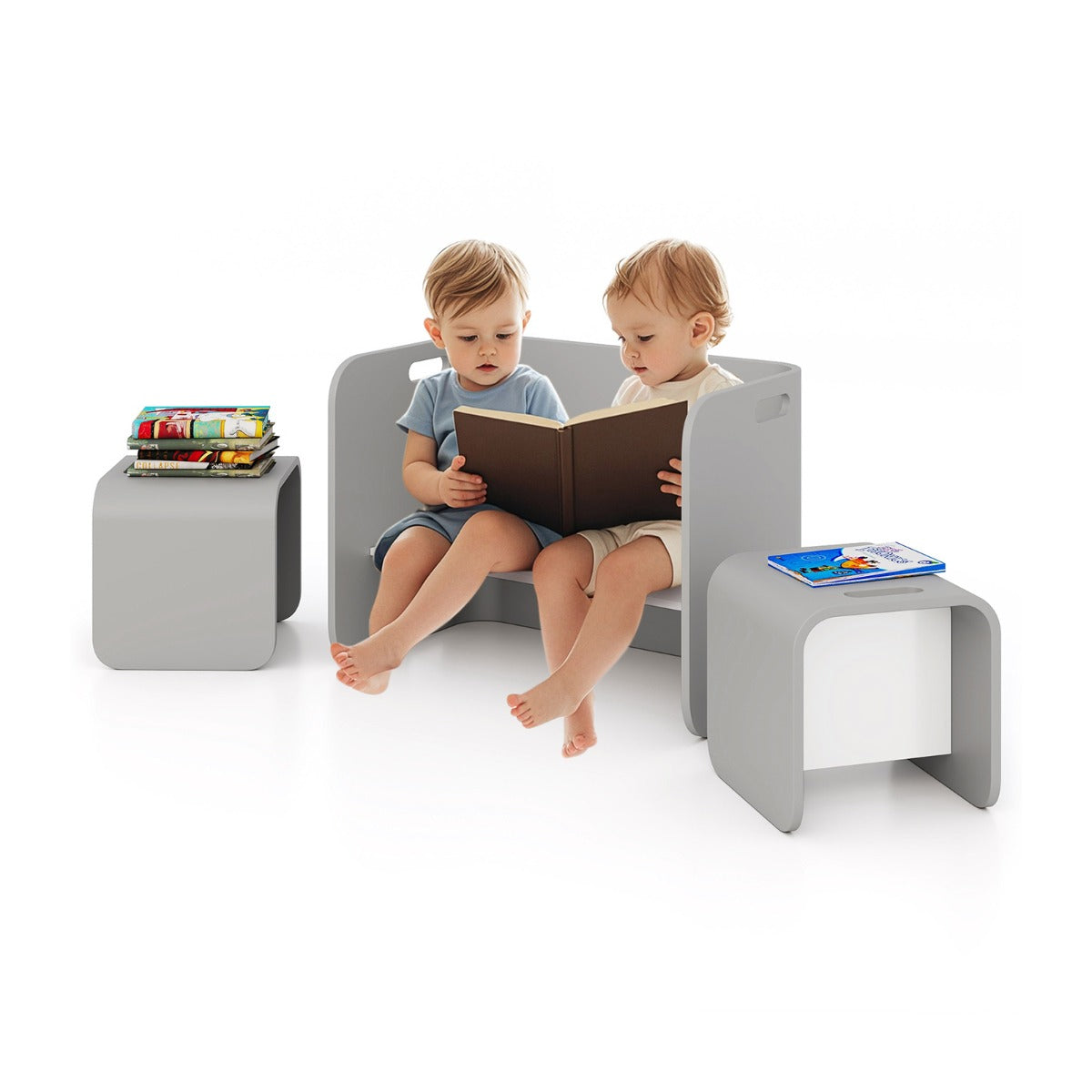 Multifunctional birch wood kids table and chair set converts into a desk, bench, stool, shelf, or side table