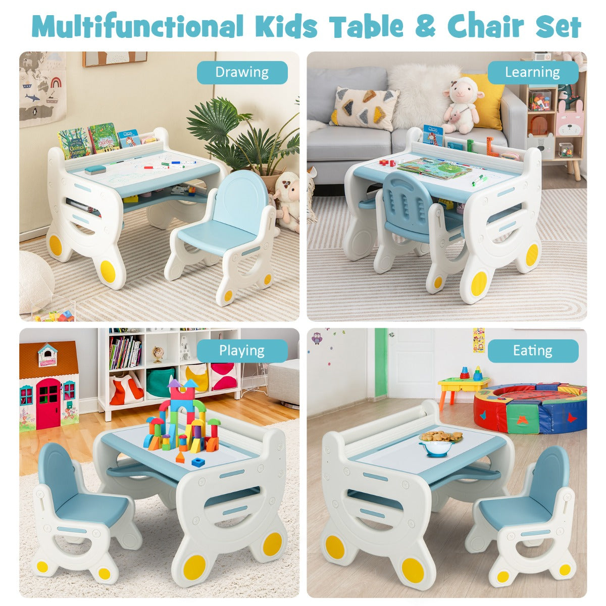 Kids table set includes five watercolor pens, an eraser and easy assembly instructions
