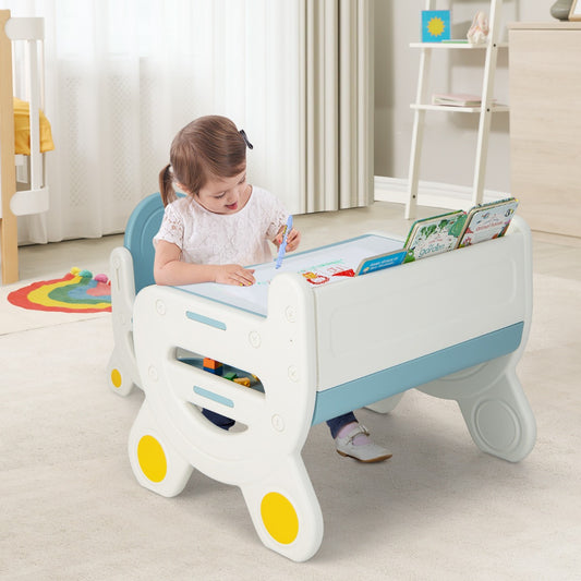 Costway Kids Drawing Table and Chair Set with Graffiti Desktop Bookshelf-Blue