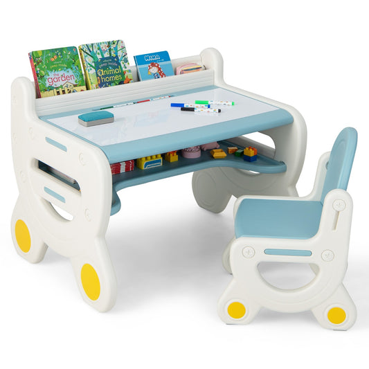 Costway Kids Drawing Table and Chair Set with Graffiti Desktop Bookshelf-Blue