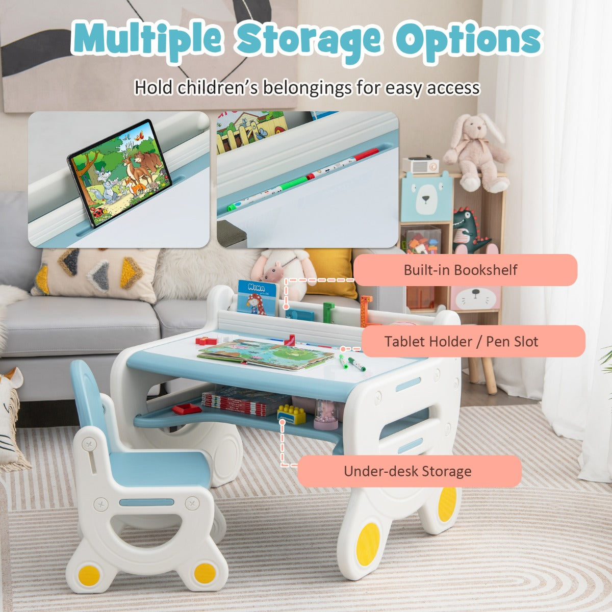 Large children’s activity table offers room for crafts, homework, blocks, meals and art supplies