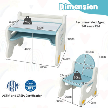 Kids graffiti table and chair set with watercolor drawing surface, markers and eraser included