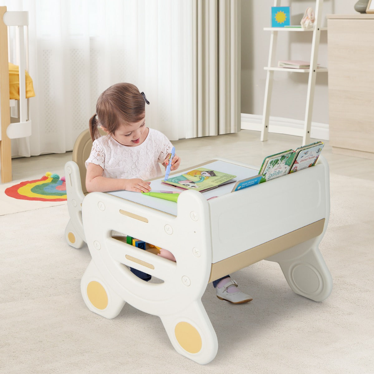 Toddler desk with upper bookshelf, tablet holder, pen slot, and under-table storage for organized supplies