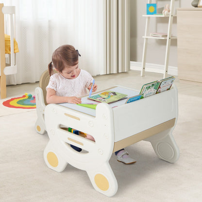 Toddler desk with upper bookshelf, tablet holder, pen slot, and under-table storage for organized supplies