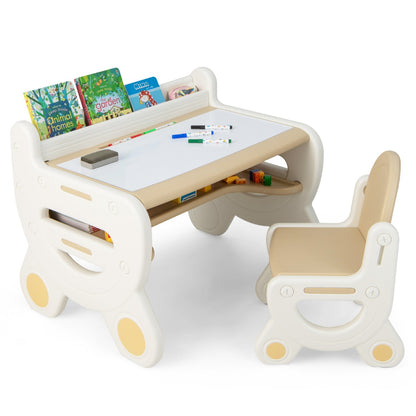 Costway Kids Drawing Table and Chair Set with Graffiti Desktop Bookshelf-Coffee