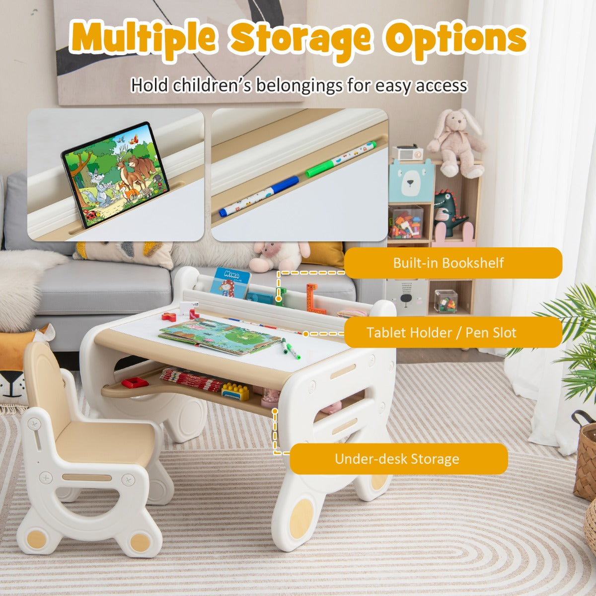 Costway Kids Drawing Table and Chair Set with Graffiti Desktop Bookshelf-Coffee