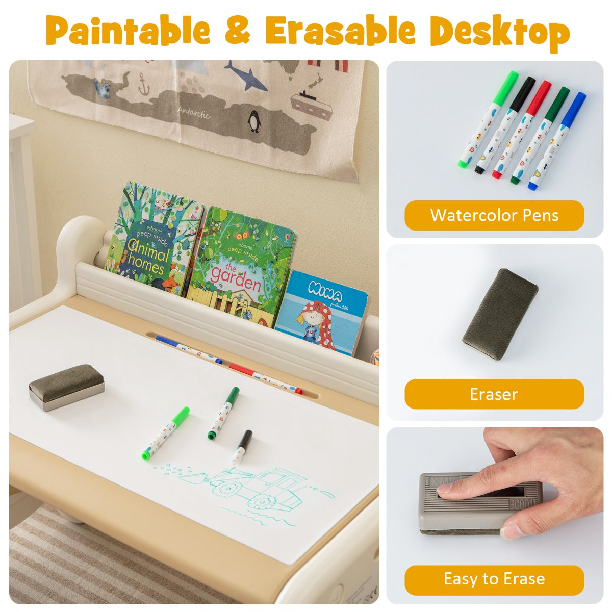 Safe kids study table complies with ASTM and CPSIA standards and has rounded corners for protection