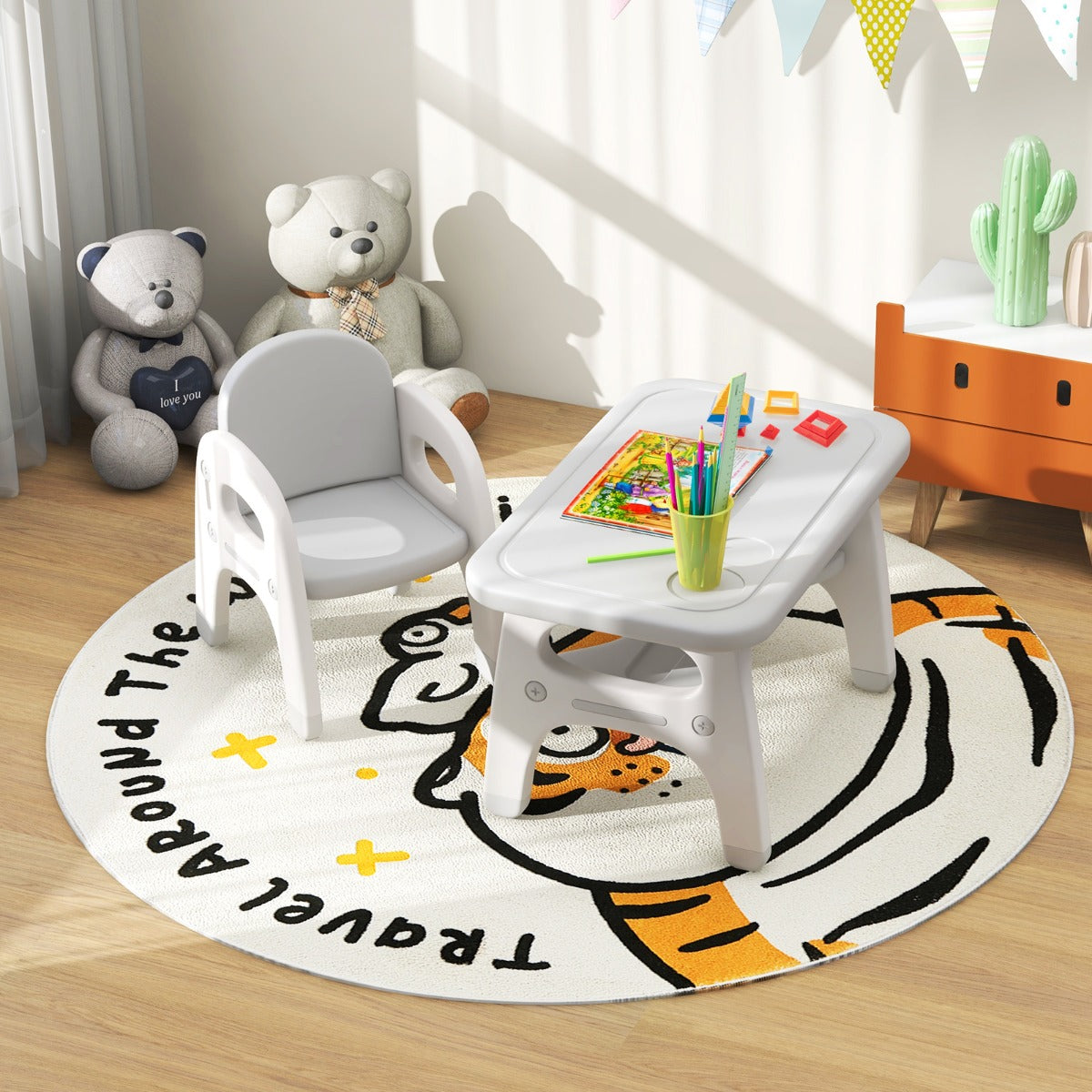 Kids Table and Chair Set with Cute Dinosaur Modeling and Storage Rack-Grey