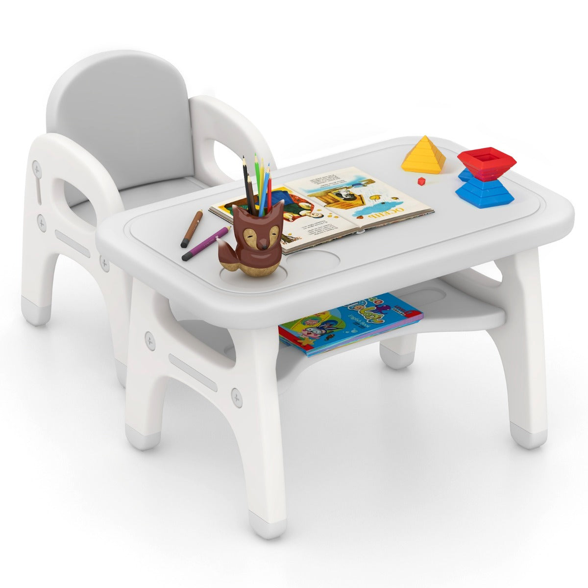 Kids Table and Chair Set with Cute Dinosaur Modeling and Storage Rack-Grey