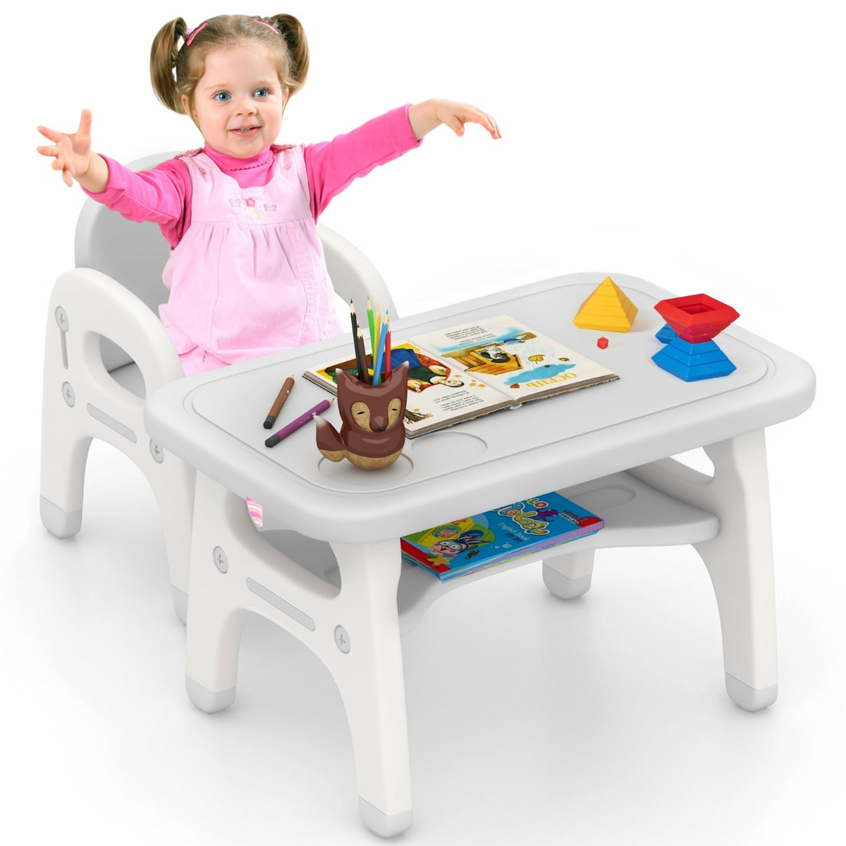 Kids Table and Chair Set with Cute Dinosaur Modeling and Storage Rack-Grey
