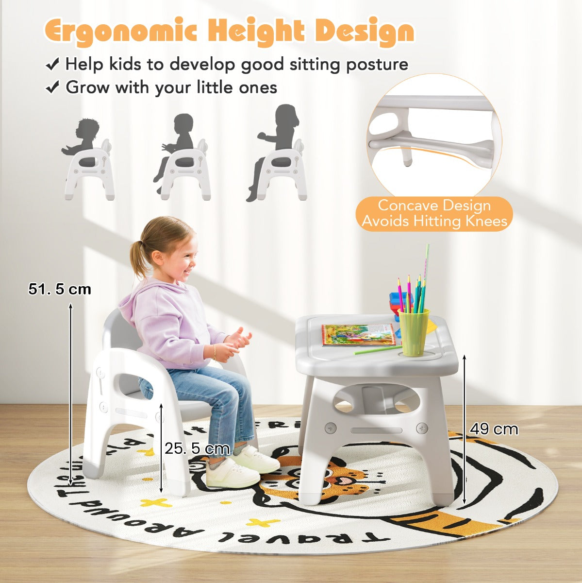 Kids Table and Chair Set with Cute Dinosaur Modeling and Storage Rack-Grey