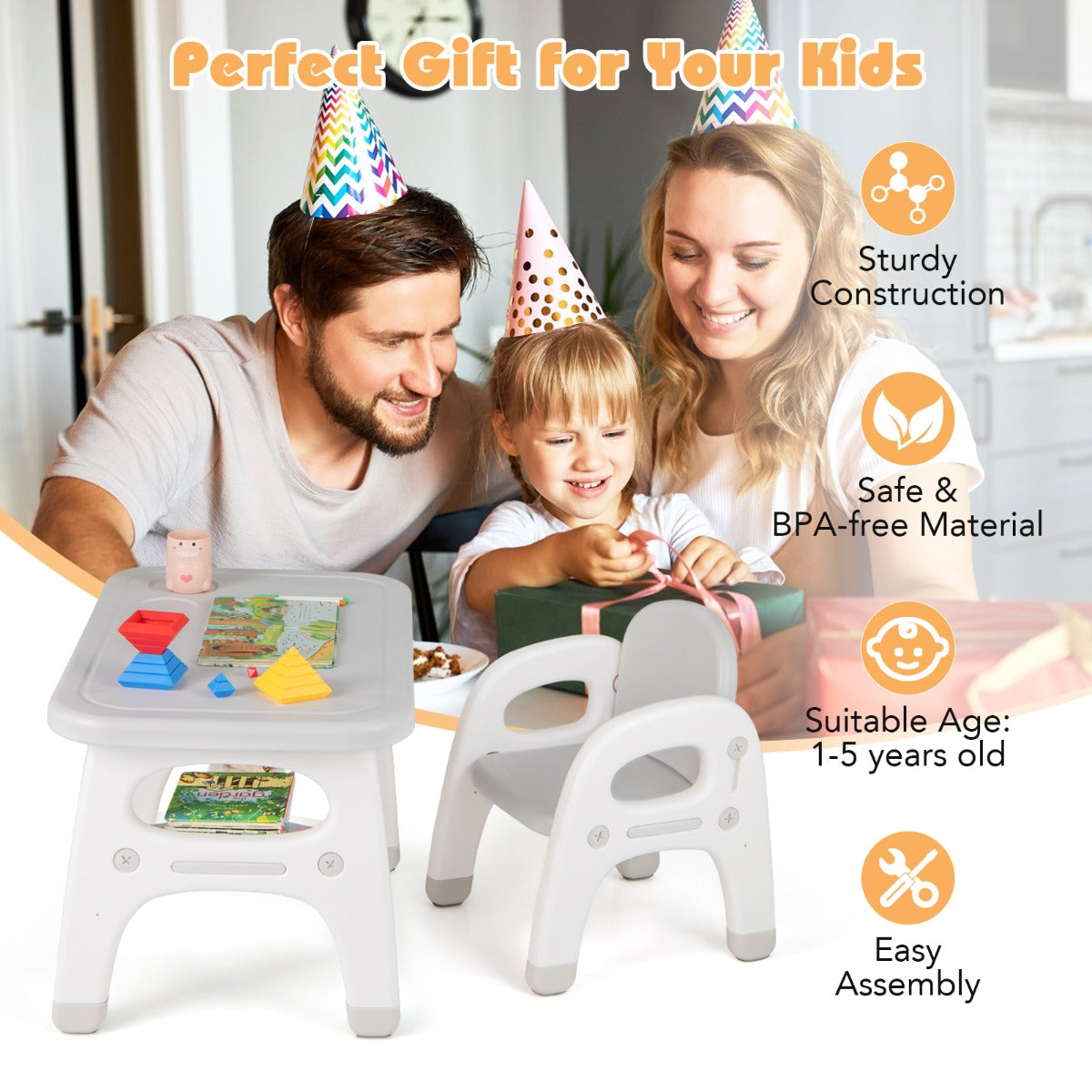 Kids Table and Chair Set with Cute Dinosaur Modeling and Storage Rack-Grey