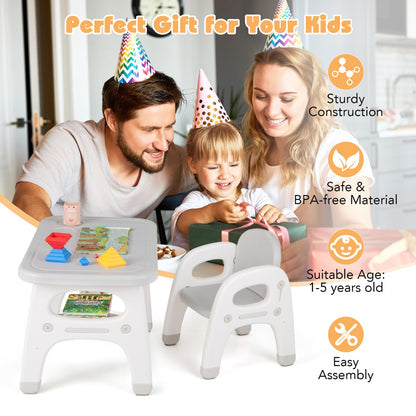 Kids Table and Chair Set with Cute Dinosaur Modeling and Storage Rack-Grey
