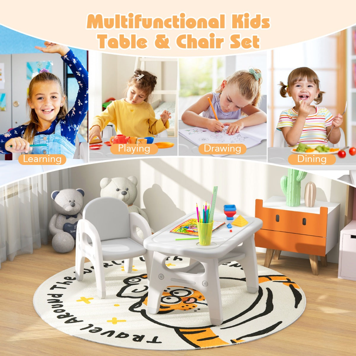 Kids Table and Chair Set with Cute Dinosaur Modeling and Storage Rack-Grey