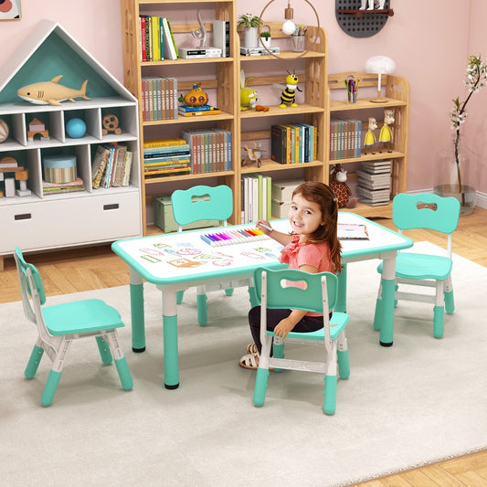 Costway Kids Table and Chairs Set for 4 with Graffiti Desktop-Green