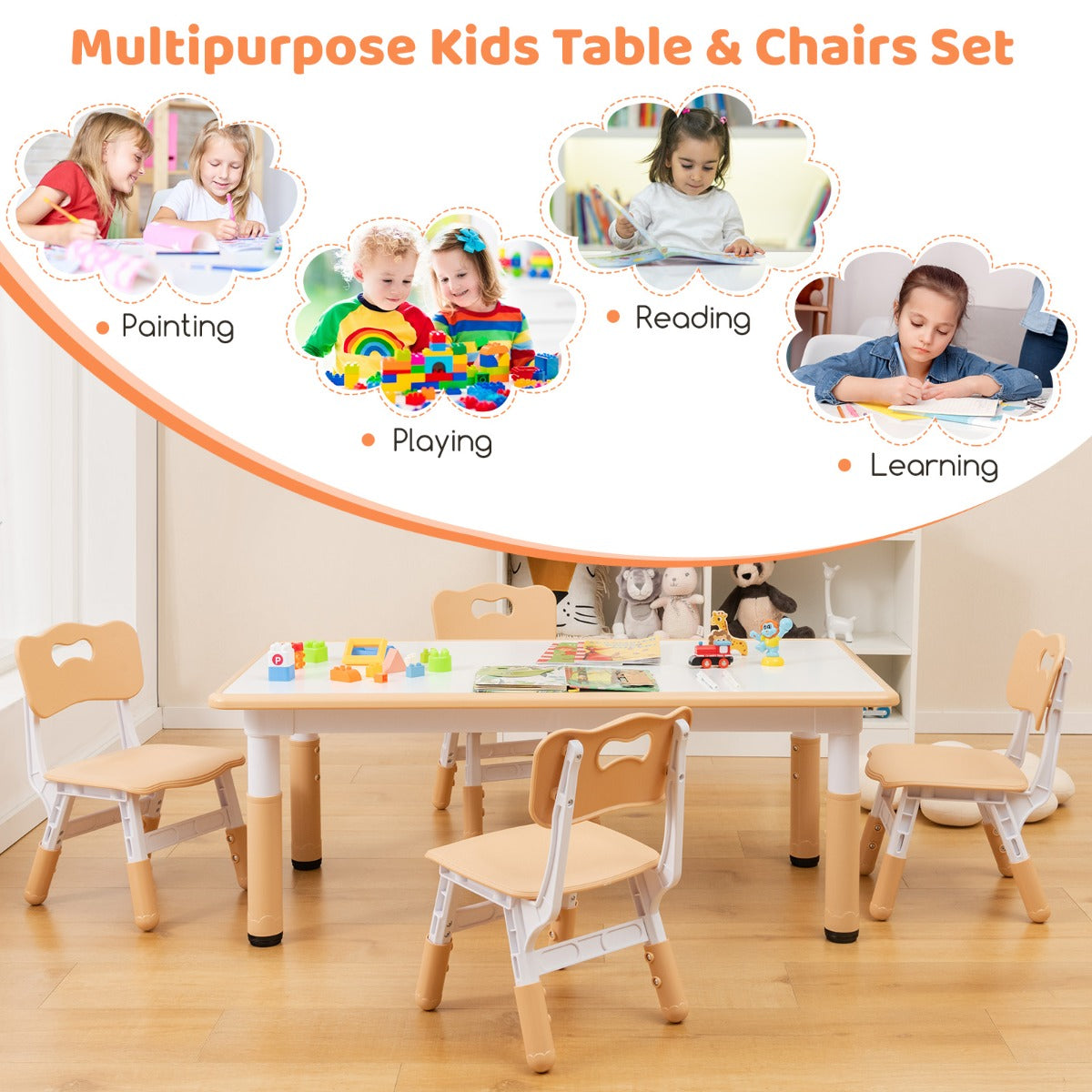 Costway Kids Table and Chairs Set for 4 with Graffiti Desktop-Natural