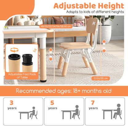Stable kids activity table supports up to 50 kg and includes four lightweight chairs with carry handles