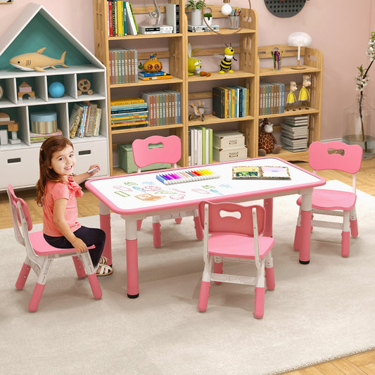 Costway Kids Table and Chairs Set for 4 with Graffiti Desktop-Pink