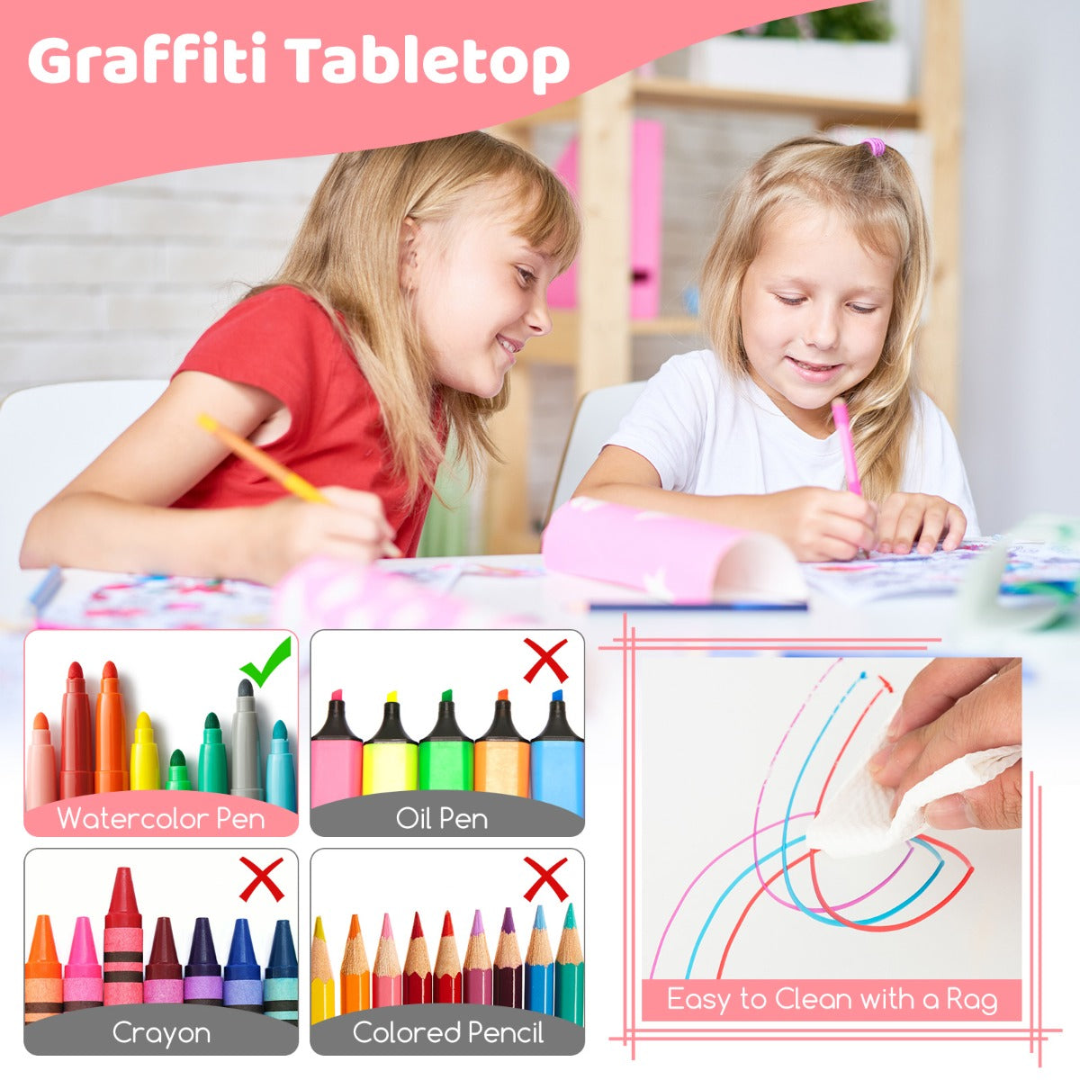 Costway Kids Table and Chairs Set for 4 with Graffiti Desktop-Pink