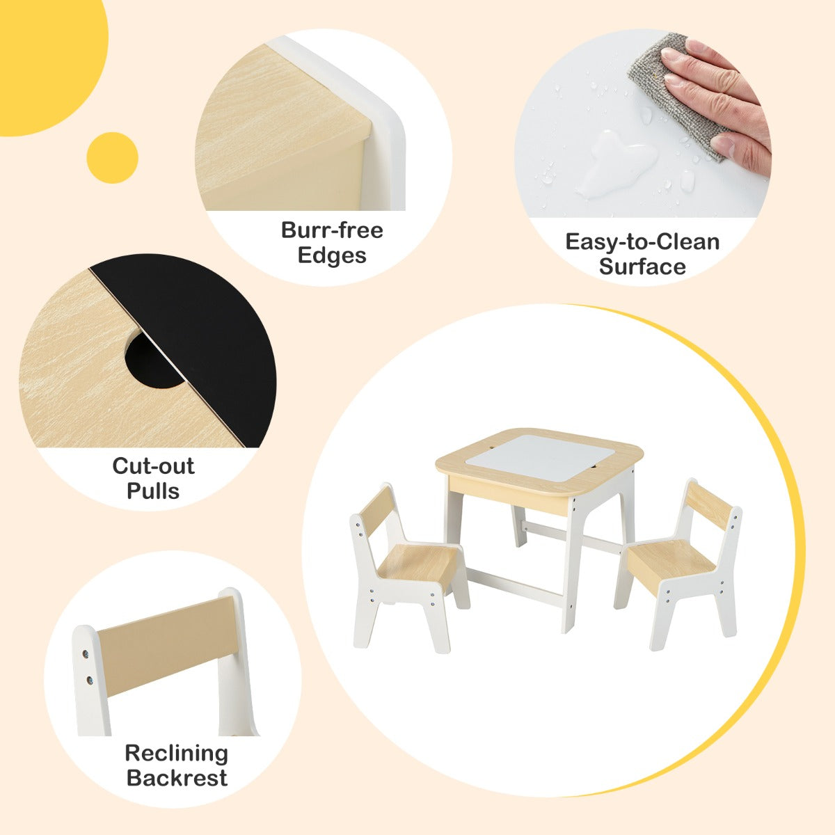 Natural and white children's table set creates a practical activity space in a bedroom or playroom