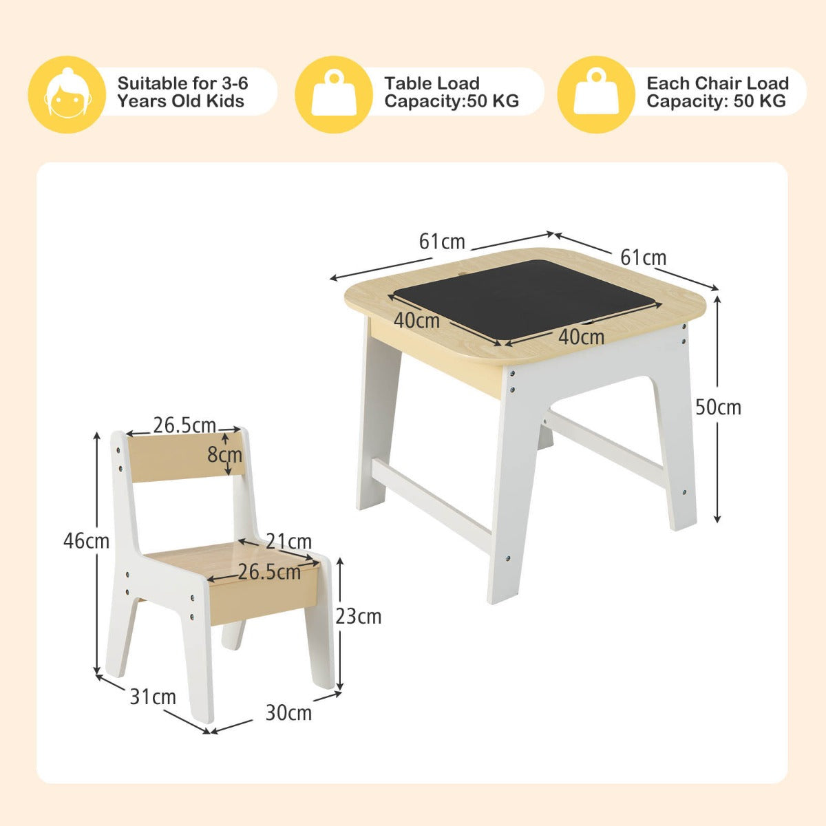 Kids table and two chairs set with reversible blackboard and whiteboard tabletop for drawing, writing and play