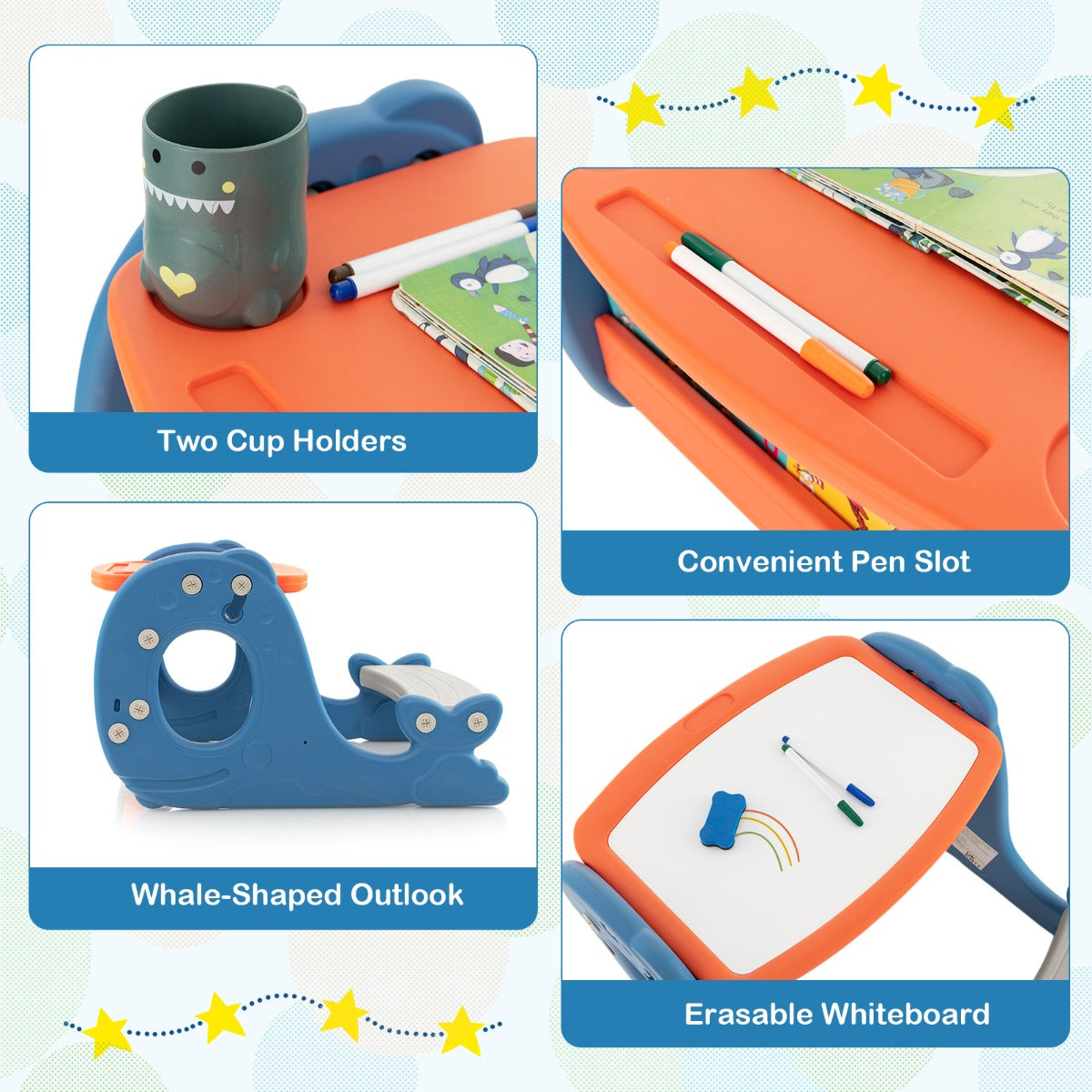 Whale design and bright colors inspire creativity, reading, drawing, eating and imaginative play