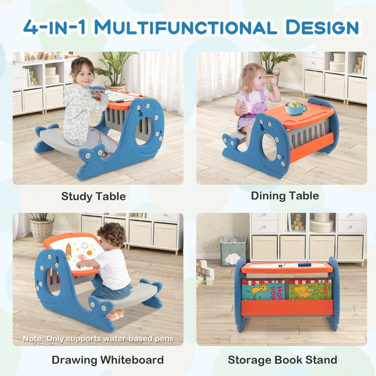 Adjustable whiteboard angle up to 30 degrees helps toddlers draw in a comfortable position