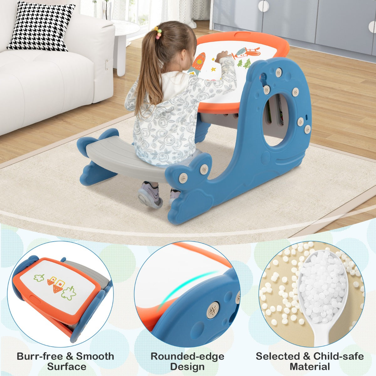 Child-safe rounded edges and wide stable base help prevent scratches and wobbling