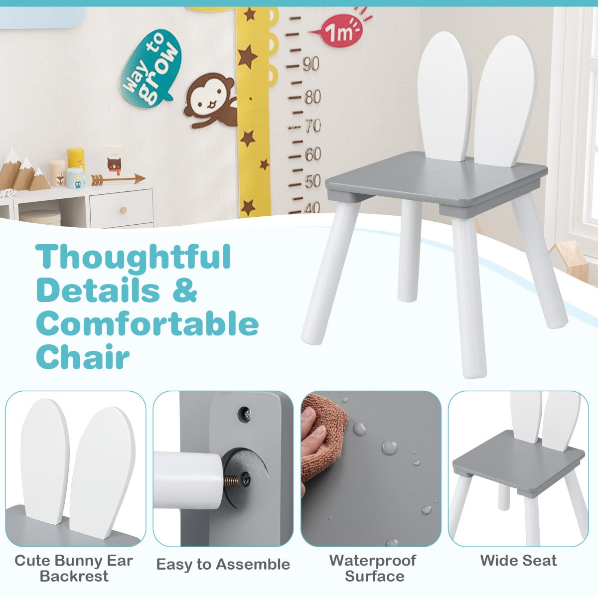 Costway 3 Pieces Kids Table and 2 Chairs Set for Arts, Crafts, Snack Time-Grey