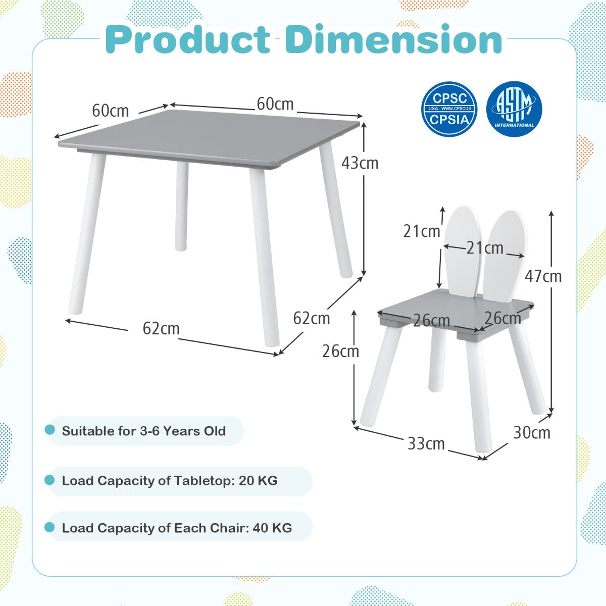 White kids table and chair set with bunny ear backrests for toddlers aged 3 to 6 years