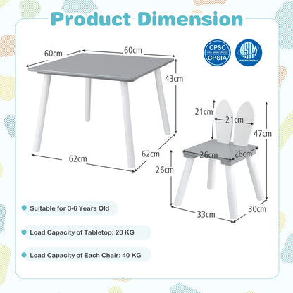 White kids table and chair set with bunny ear backrests for toddlers aged 3 to 6 years