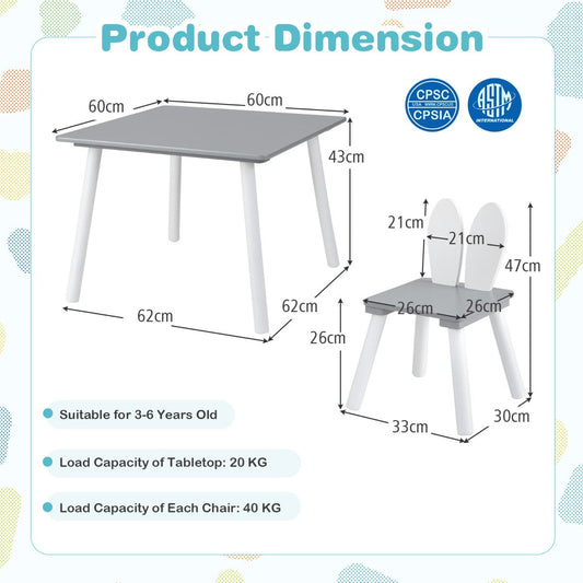 White kids table and chair set with bunny ear backrests for toddlers aged 3 to 6 years