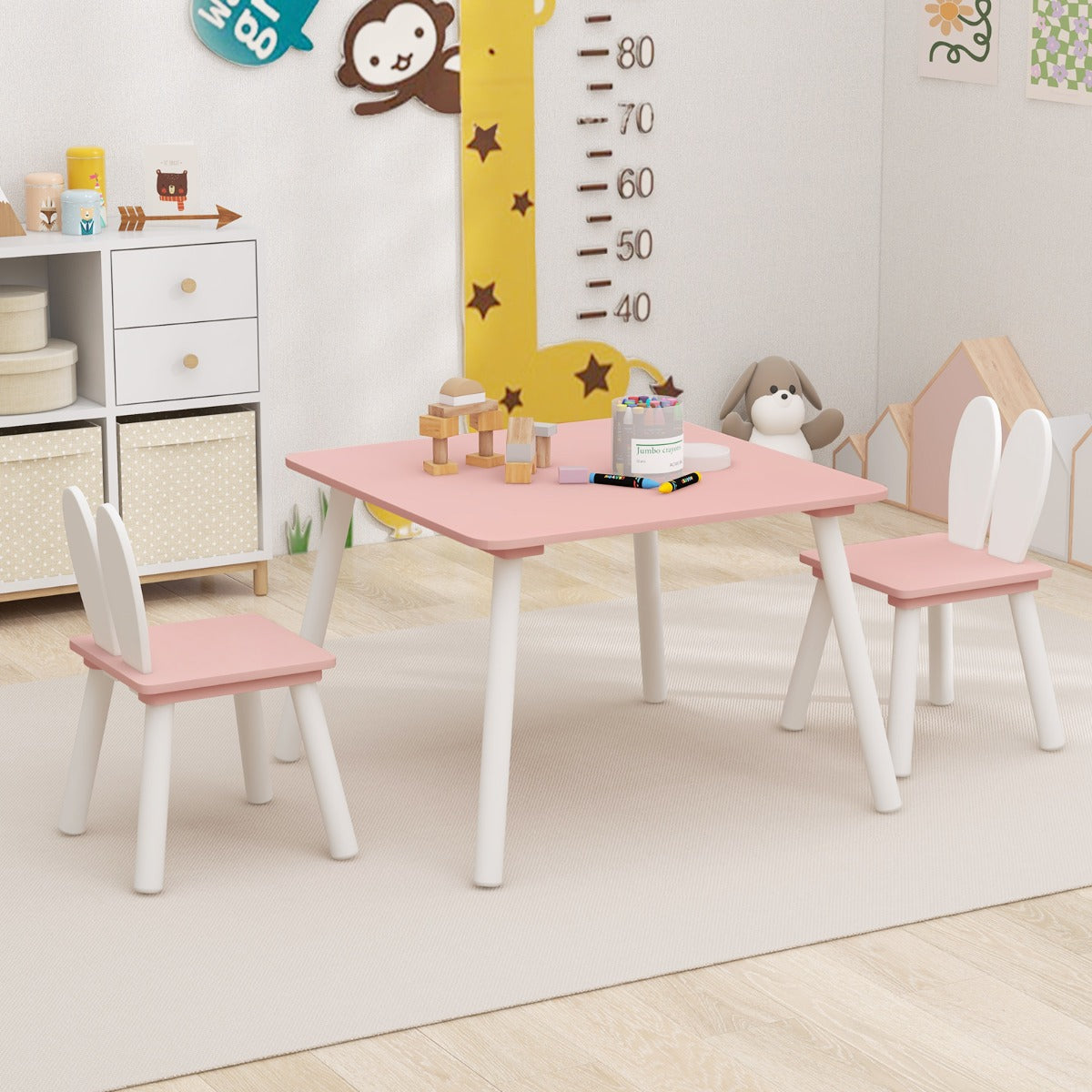 Easy-assembly kids table set includes one table, two chairs and detailed instructions