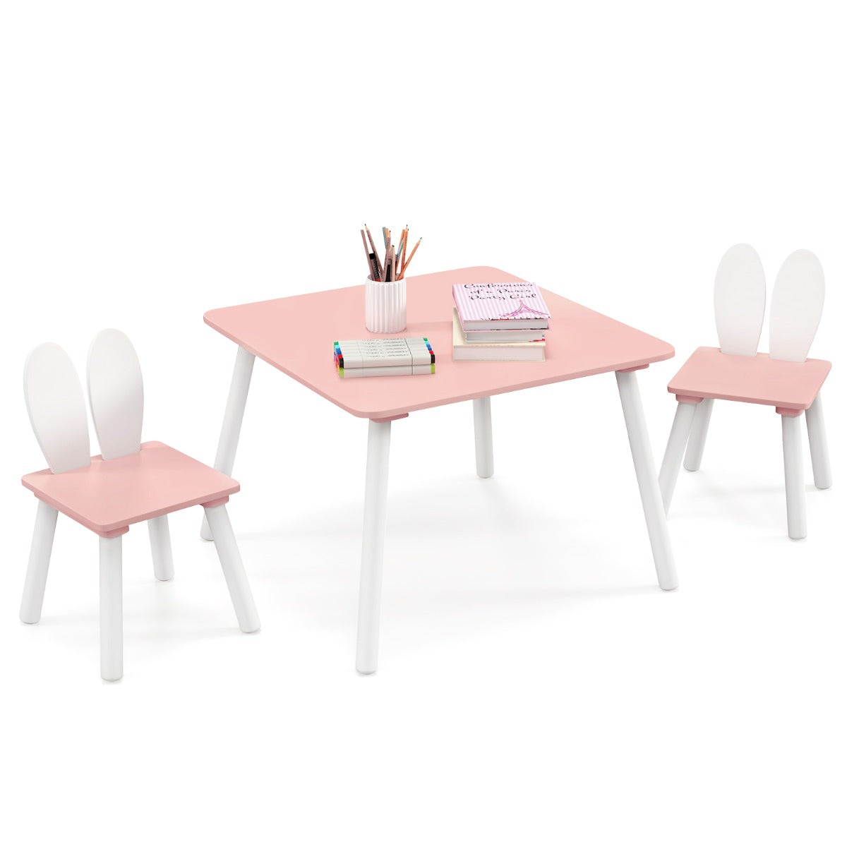 Easy-assembly kids table set includes one table, two chairs and detailed instructions