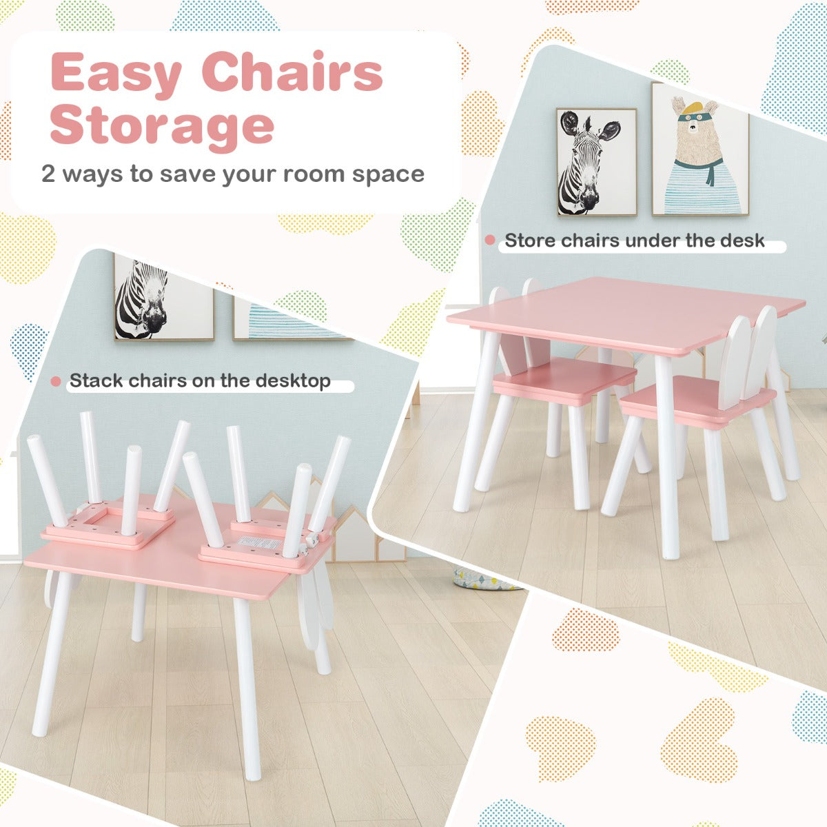 Safe MDF and pine wood table and chairs set with durable solid wood legs